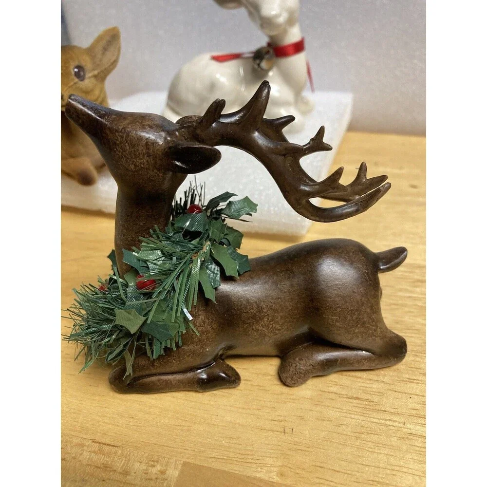 Vtg Lot 3 Deer Figurines Holiday Christmas Ceramic Wood Flocked Sitting Decor